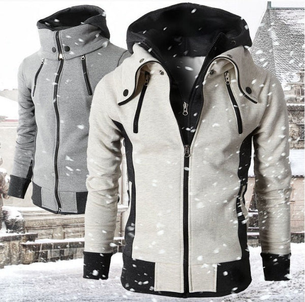 Mens Zip UP Hooded Jacket Fake Two Piece Sports Cardigan Casual Slim Sweatshirt Jacket