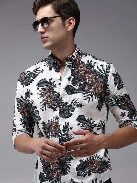 Men White Printed Casual Shirt-PERRYPRINT-1847-White