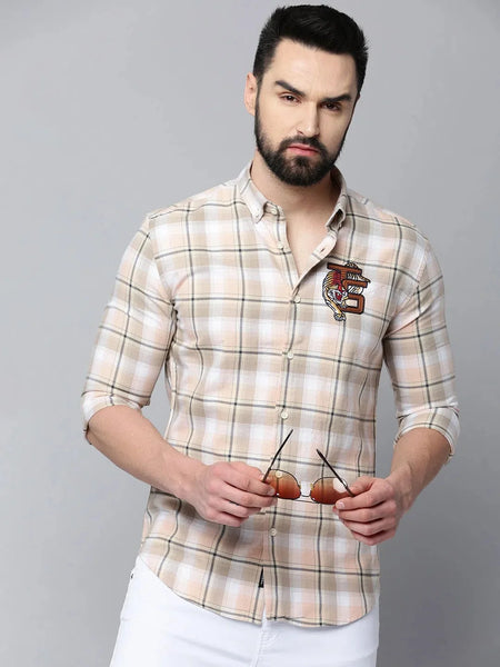 Men Beige Checked Casual Shirt-TIGER-0379-Beige