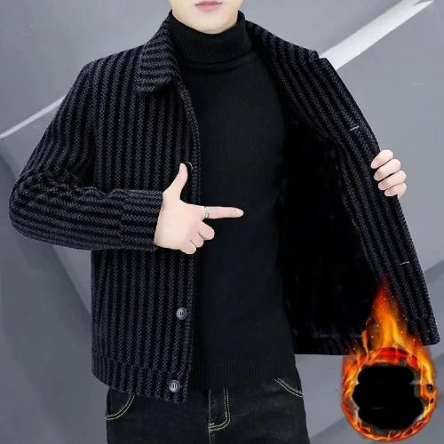 mens fleece lined thick stripes woolen coat