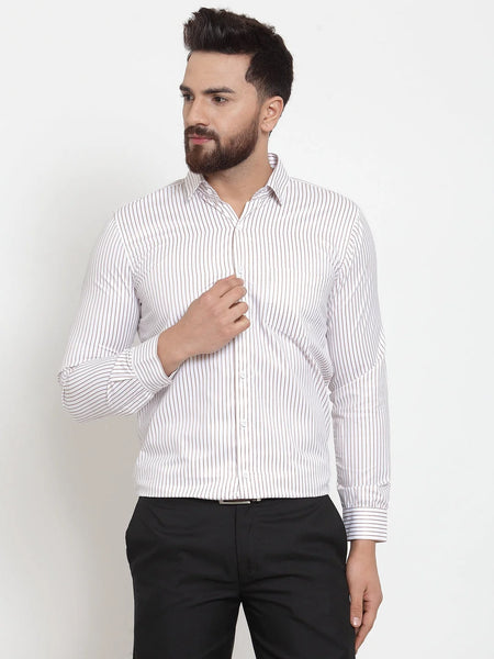 Dromedas White Men's Cotton Stiped Formal Shirts