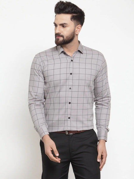 Dromedas Grey Men's Cotton Checked Formal Shirts