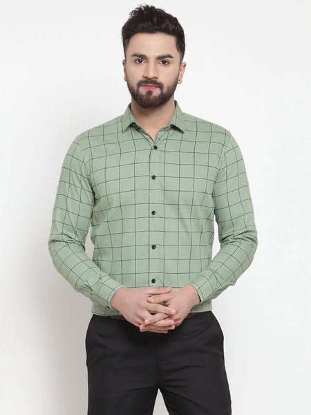 Dromedas Green Men's Cotton Checked Formal Shirts