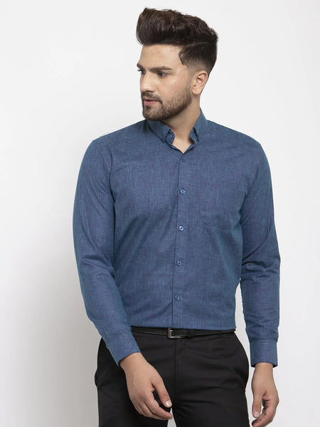 Dromedas Blue Men's Cotton Solid Button Down Formal Shirts