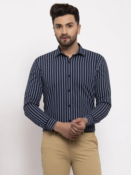 Dromedas Navy Men's Cotton Striped Formal Shirt's