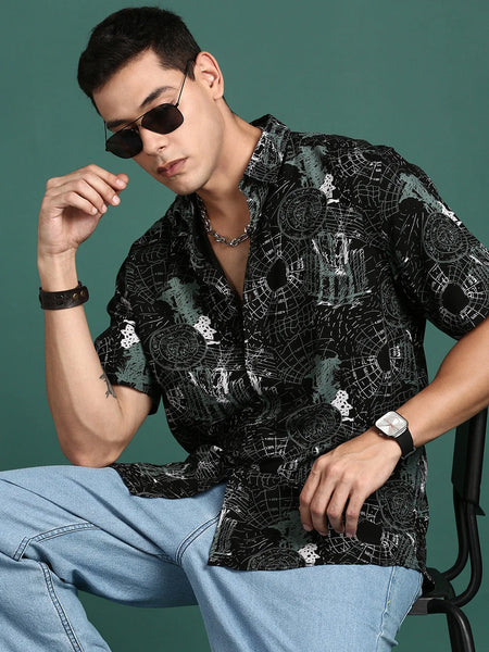 Men Graphic Black Slim Fit Shirt-Cain-3087-Black