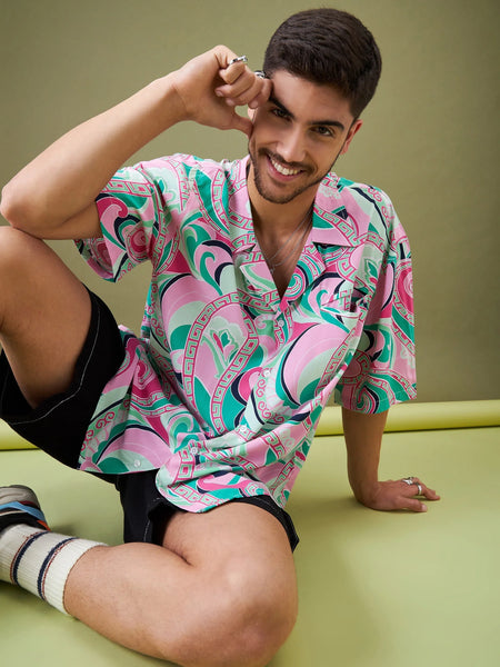 Men Pink & Green Tropical Floral Oversized Shirt-MSSHRT20113