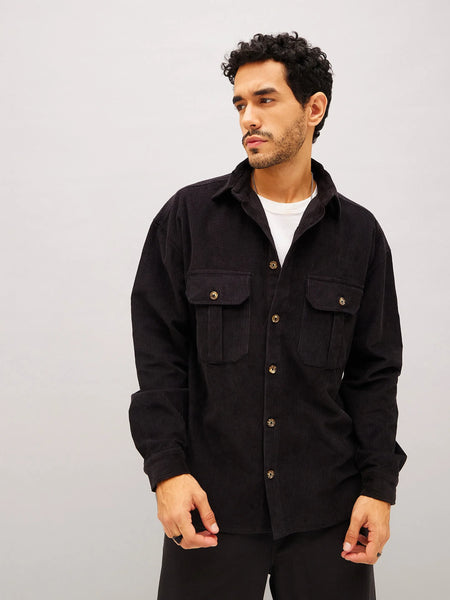 Men Black Corduroy Oversized Shacket-MSSHRT20224