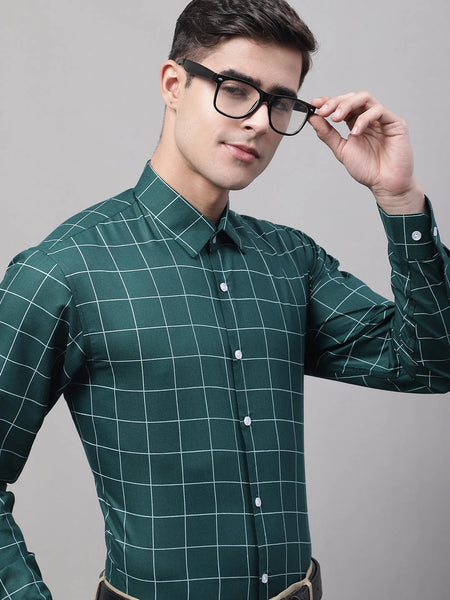 Men's Green Cotton Checked Formal Shirt-SF-742