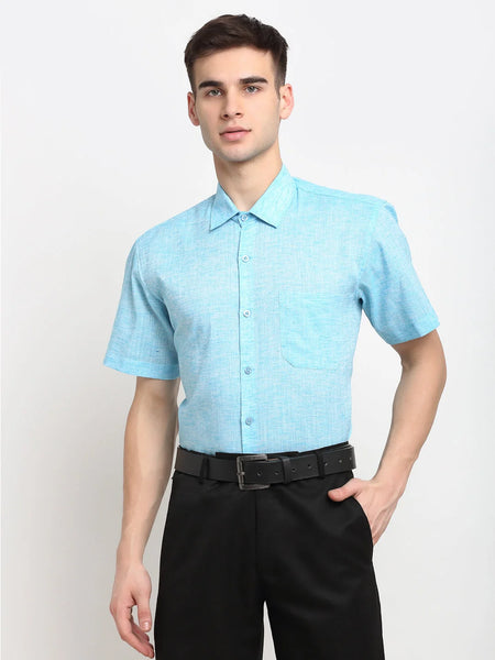 Dromedas Blue Men's Solid Cotton Half Sleeves Formal Shirt