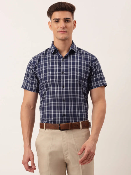 Dromedas Men's Cotton Checked Half Sleeve Formal Shirts-SF-808Blue