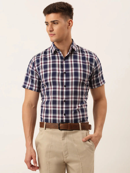 Dromedas Men's Cotton Checked Half Sleeve Formal Shirts-SF-808Navy